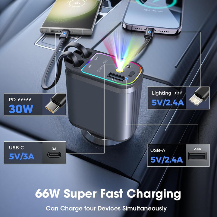 5 in 1 Retractable Car Charger - The Pixel Store